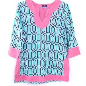 Simply Southern Tunic Top Lattice Small Blue Pink Preppy, Resortwear, 3/4 Sleeve